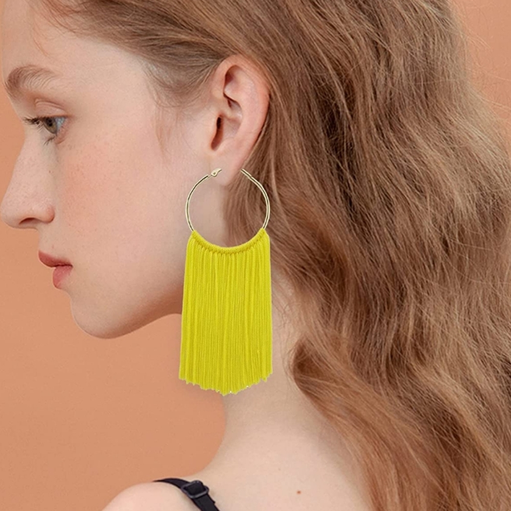 Bright Yellow Fringe Boho Tassel Hoops Gold Hoops Statement Hoop Earrings